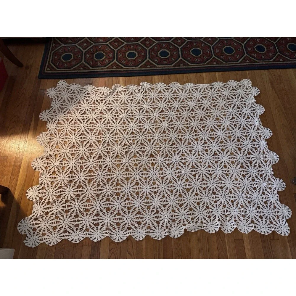 Vintage Handmade Tablecloth Large Crochet Lace Scallop Edge Cottage Ivory